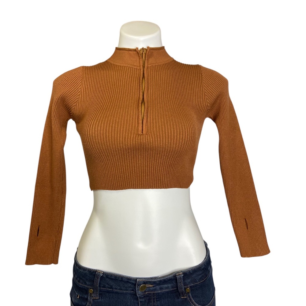 3/$20 PRINCESS POLLY Cropped Sweater Mock Neck Full Zip Cardigan Brown Size XS